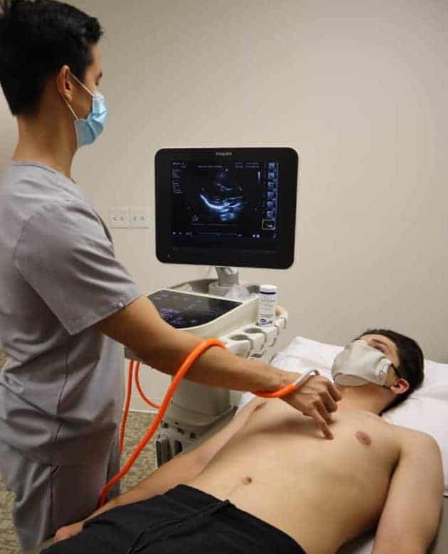 Cardiac Ultrasound Echocardiography Patient Position and ultrasound machine placement POCUS